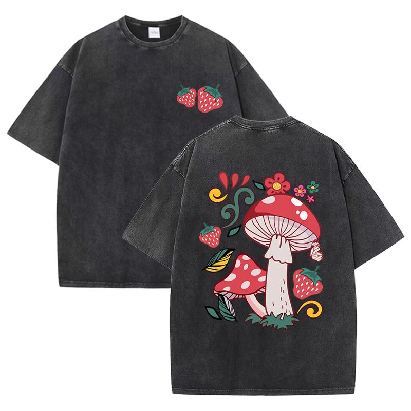 Красивые грибы и вкусные клубники принт стираные женские футболки летние хлопковые футболки с круглым вырезом верхняя модная одежда
