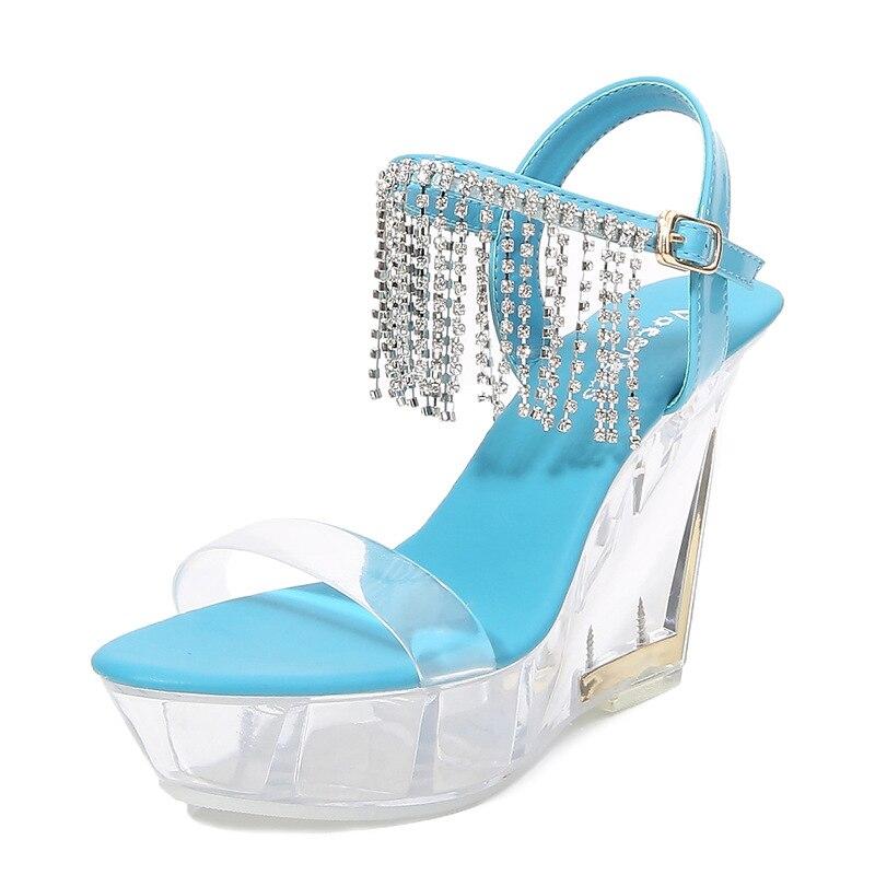Женская обувь, прозрачные туфли для ночного клуба, высокие каблуки, подиум, стразы, кисточка, кристаллическая танкетка, серия 1101, каблук 10 см, платформа 4 см, LFD