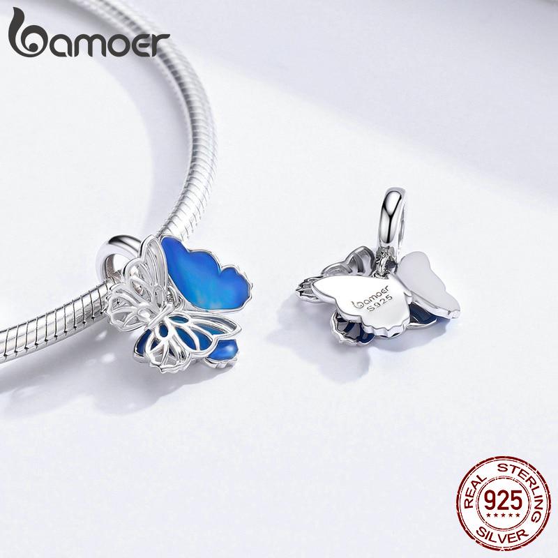 BAMOER Authentic 925 Sterling Silver Butterfly Dangle Charms Blue Enamel Beads Fit Original Bracelet