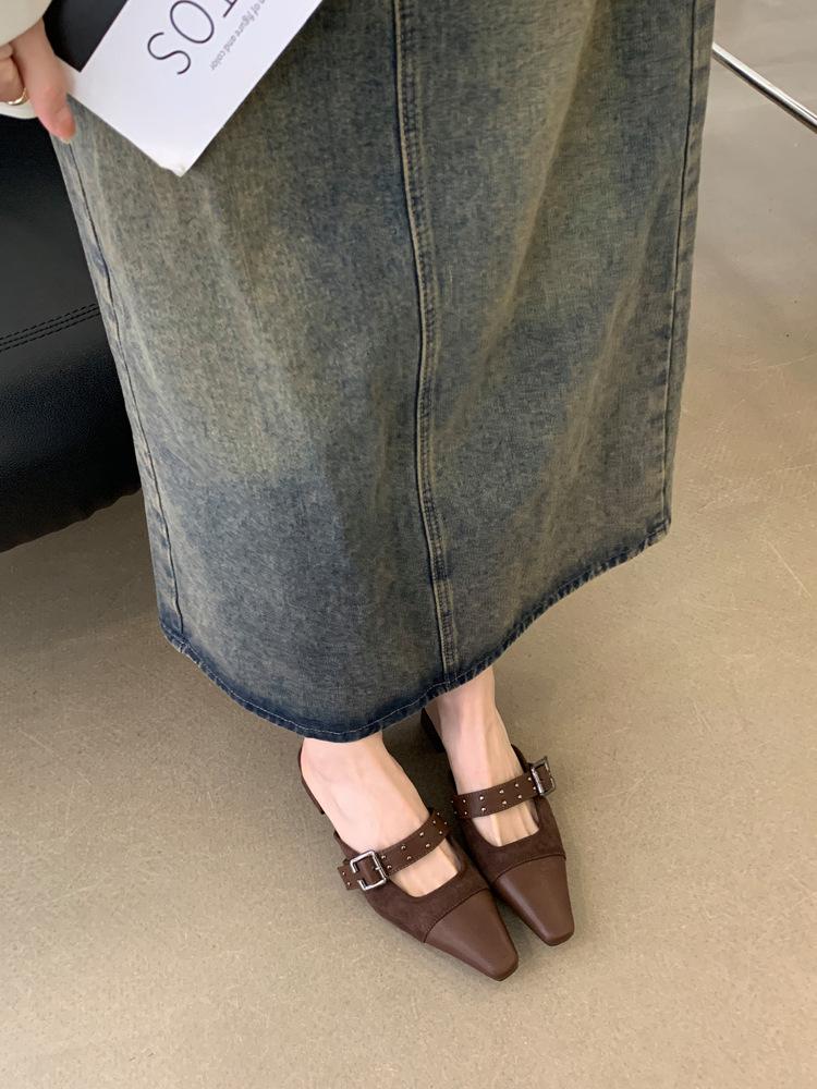 Тапочки Baotou, женская верхняя одежда, лето 2025, новые французские маленькие ароматные туфли с квадратной головкой и неглубоким горлом, полутапочки Muller на плоской подошве