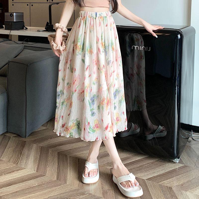 Юбка миди с цветочным принтом, женская летняя элегантная стильная юбка-трапеция с разрезом по низу и высокой талией