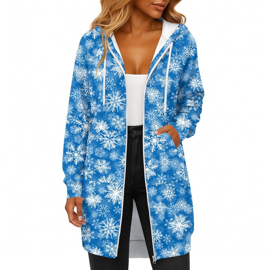 Women's Fashionable Christmas Printed Long Sleeved Drawstring Hooded Zipper Pocket Long Casual Sweatshirt Jacket