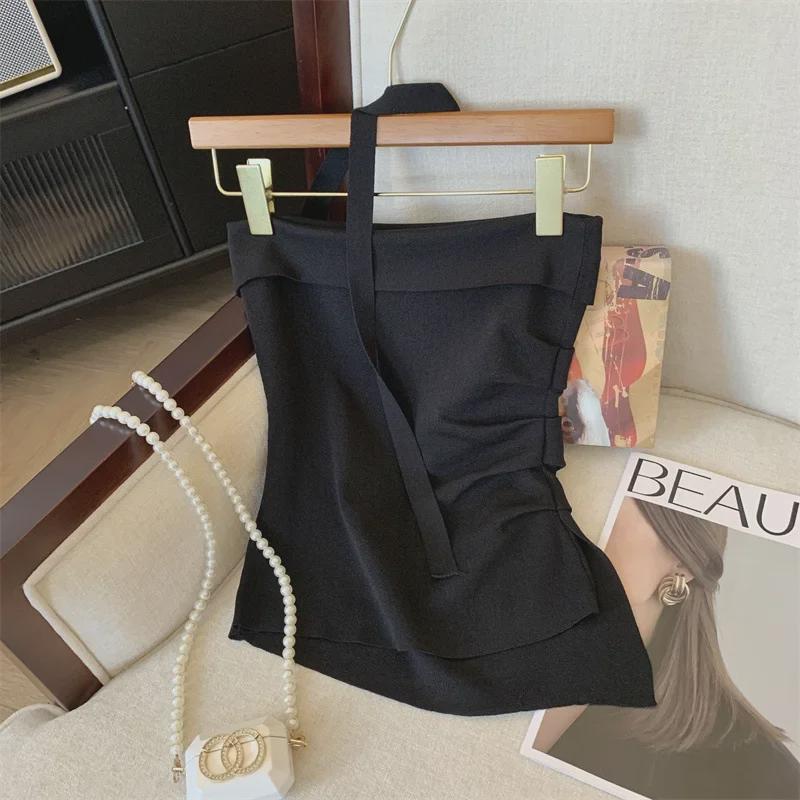 French Off-Shoulder Camisole: Summer Women's Pleated Top with Irregular Slits and Elegant Back Design