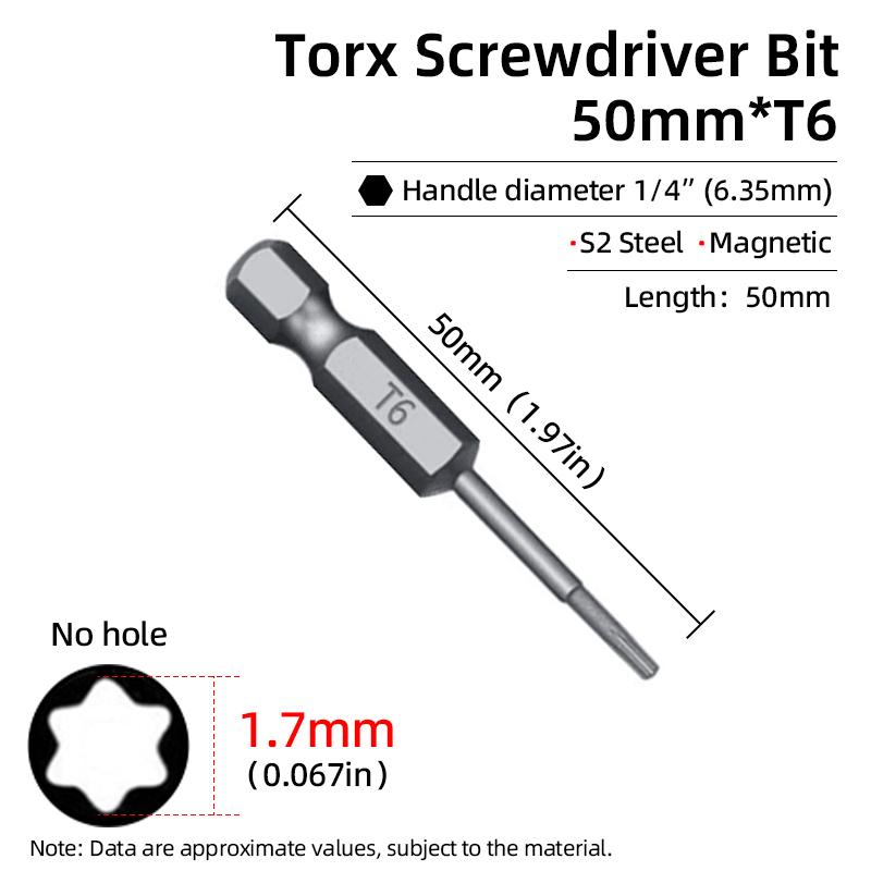 Бита Torx 50 мм Магнитная S2 Сталь 1/4'' Шестигранный хвостовик Полое отверстие Безопасные биты T5-T40 Электрическая дрель-шуруповерт Ручной инструмент