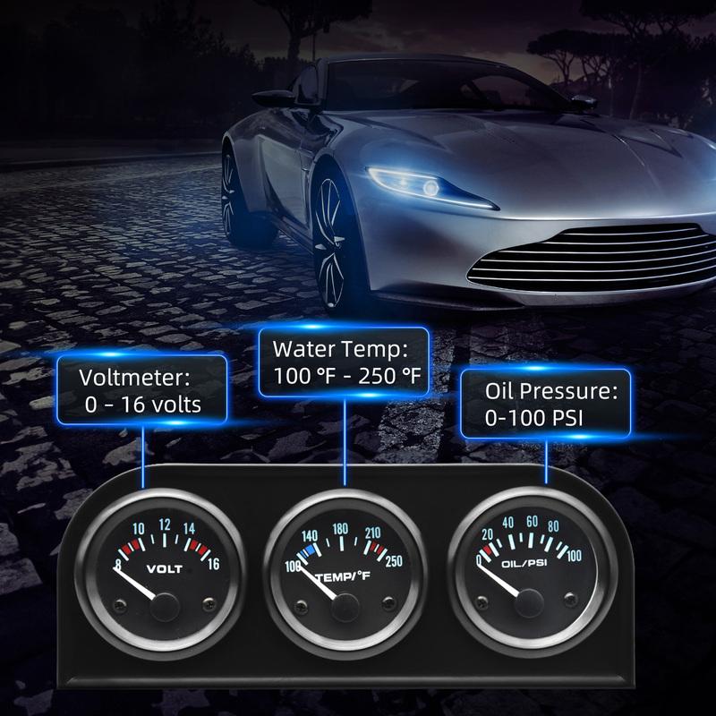 52mm Triple gauge 3 in 1 Volt Meter + 100-250℉ water Temp Gauge+0-100psi Oil Pressure Gauge & Oil Temperature Gauge With Sensor
