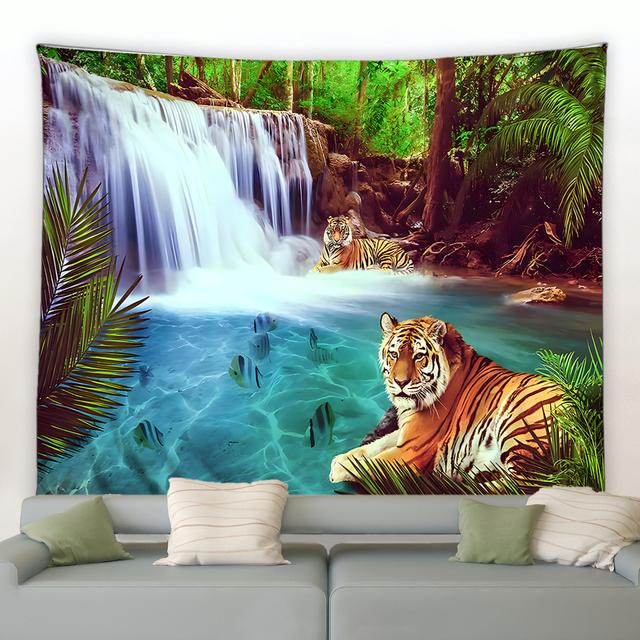 Гобелен с лесными животными, дикий леопард, тигр, медведь, растение, природный пейзаж, настенный пляжный коврик, украшение для комнаты, украшение для дома