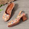 Ladies' Retro Round Toe Shallow Mouth Fashionable Printed Thick Heel High-heeled Single Shoe with A Straight Buckle Strap