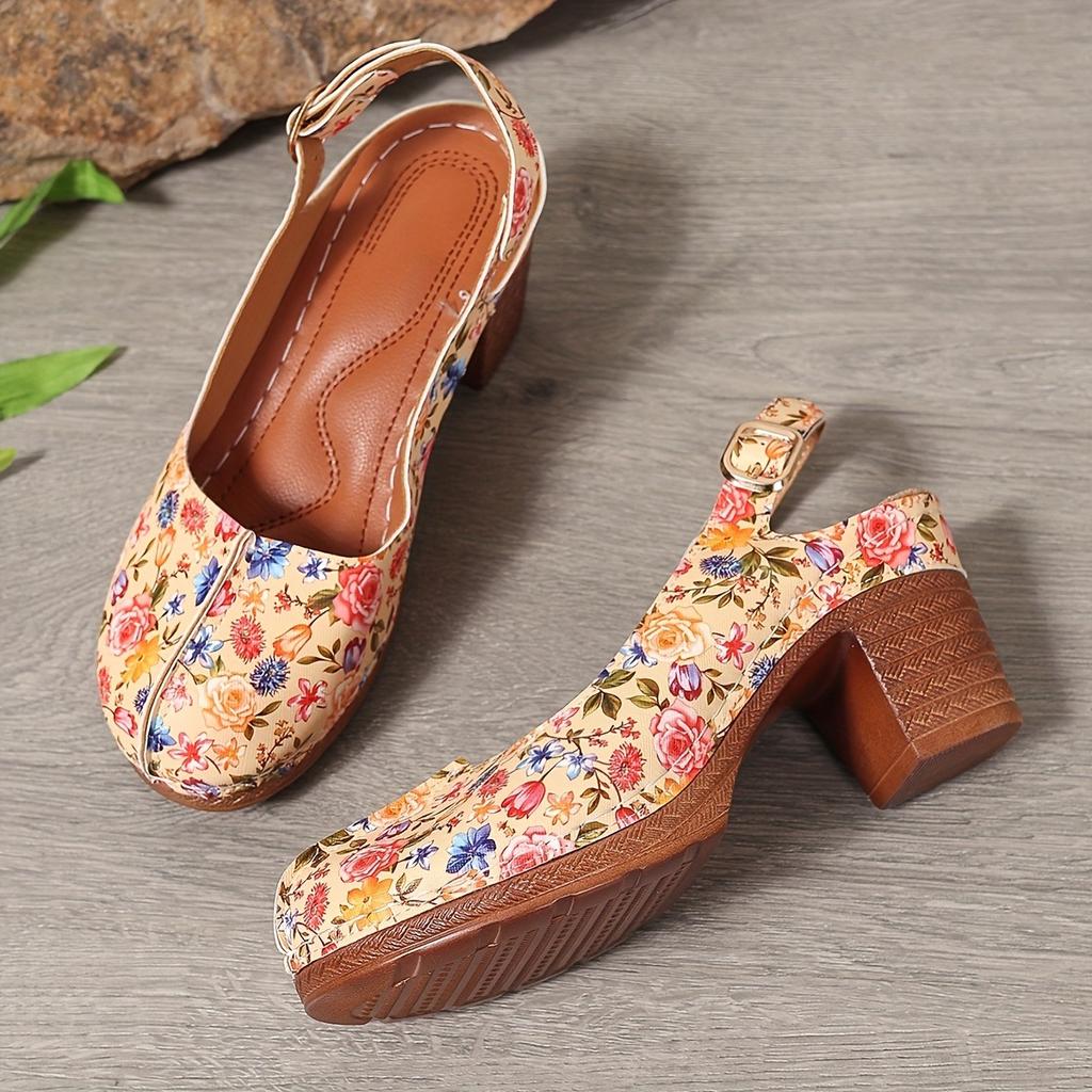 Ladies' Retro Round Toe Shallow Mouth Fashionable Printed Thick Heel High-heeled Single Shoe with A Straight Buckle Strap