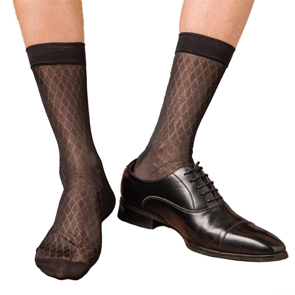 Mens Sexy Stockings Plaid See-Through Socks Breathable