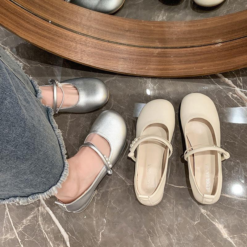 Gentle Wind Mary Jane Women's Shoes 2024 Autumn New French Small Fragrant Wind Pearl Single Shoes with Skirt Silver Single Shoes