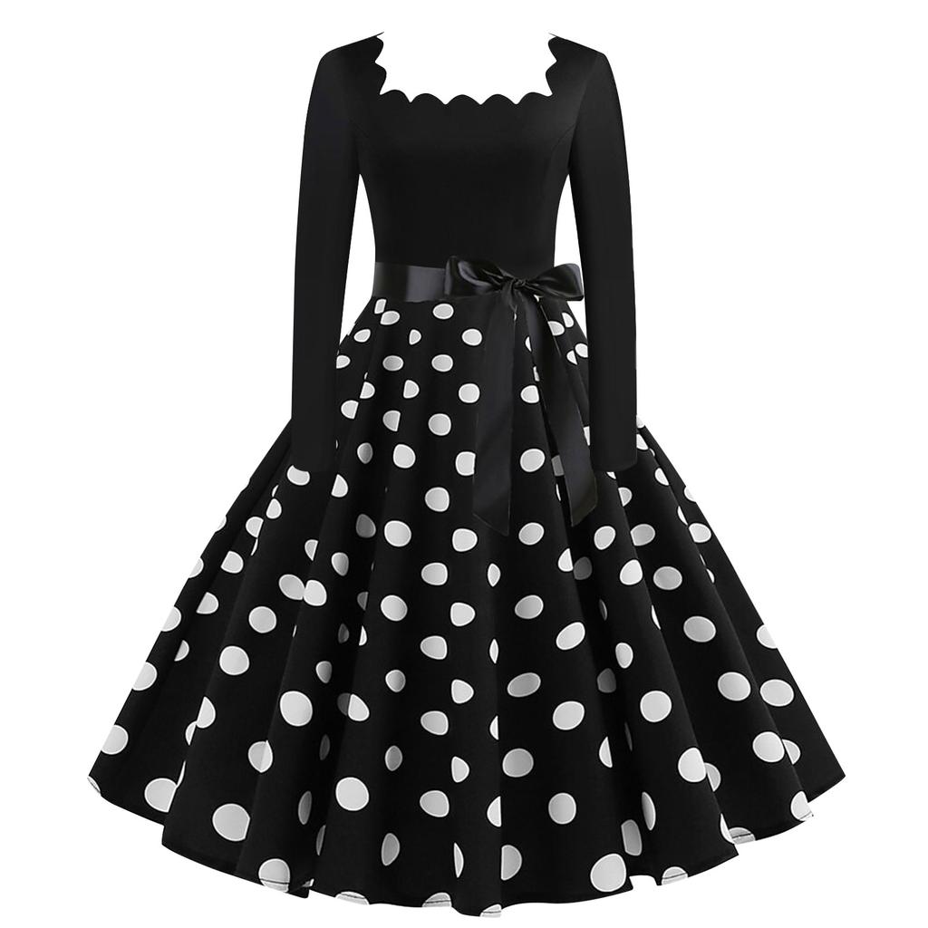 Women's Polka Dot Print Long Sleeve Dress Cutout Party Casual Square Neck Dress