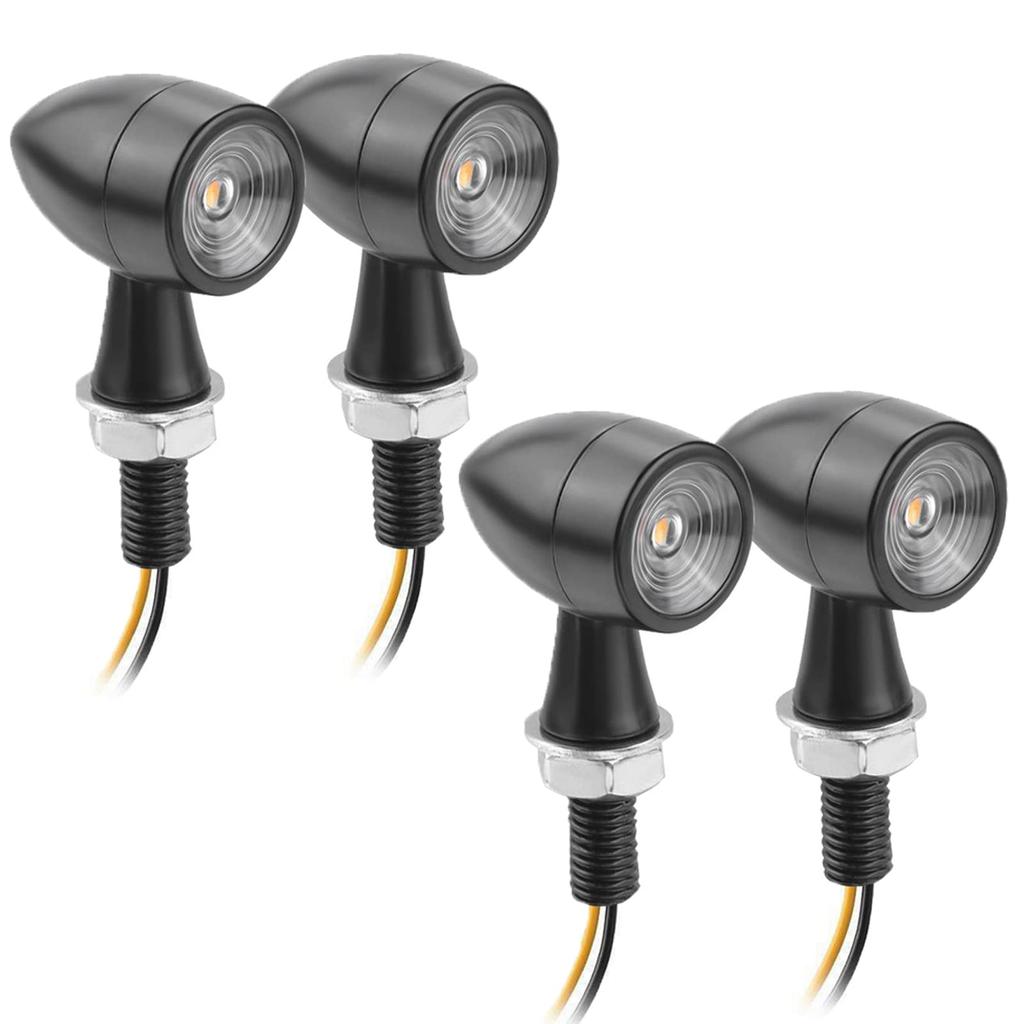 Yuumo+ Motorcycle LED Turn Signals, Mini, Bullet-Shaped, High Brightness, Universal, M8 Amber with Clear Lens, Set of 4