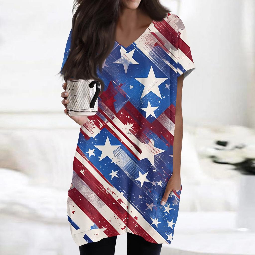 Женский топ с принтом флага Дня независимости, V-образным вырезом, карманом средней длины и коротким рукавом