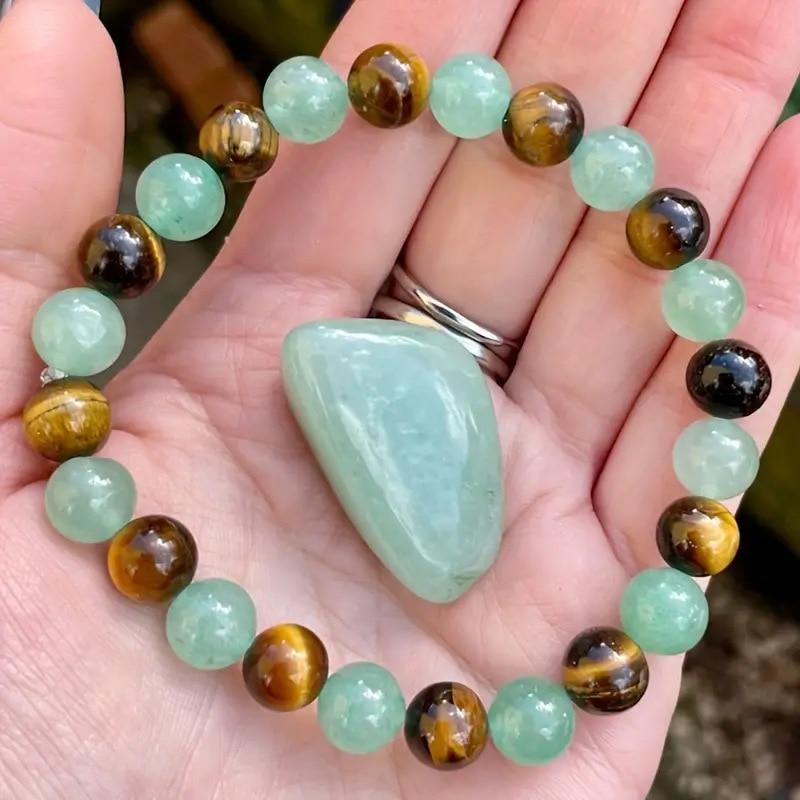 1 Pc Exquisite Jade Two Colour Fashion Style Tiger Eye Stone Natural Stone Green Beaded Bracelet Men And Women Daily Party Gifts