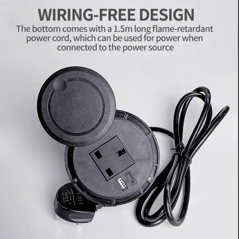 Настольная розетка Многофункциональная розетка UK с вилкой USB Type-C для утопленного рабочего стола, круглая розетка