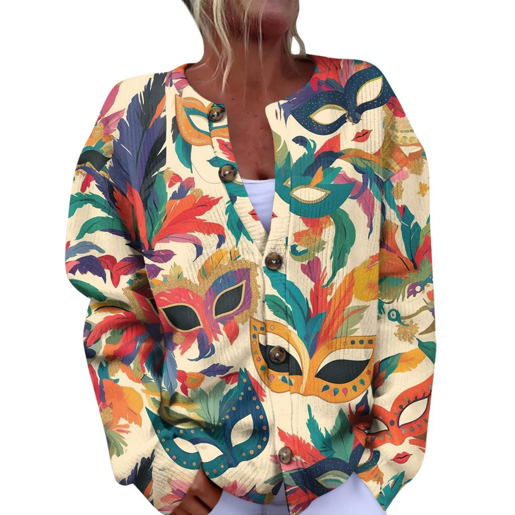 Women's Fashion Festival Printed Long-Sleeved Knitted Cardigan With Button-Front