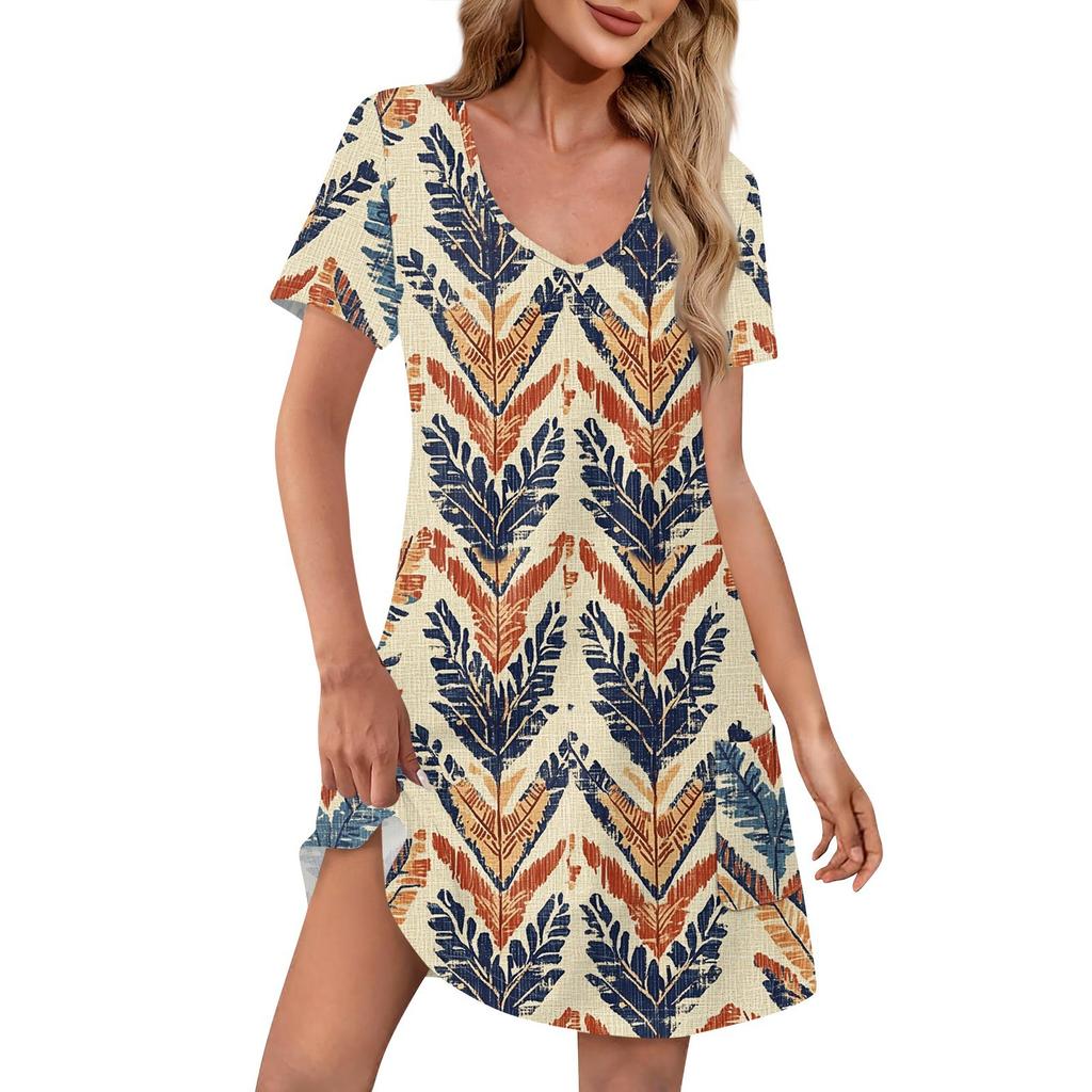 Женские модные повседневные платья с карманами и принтом в богемном стиле, пляжные платья с v-образным вырезом и короткими рукавами