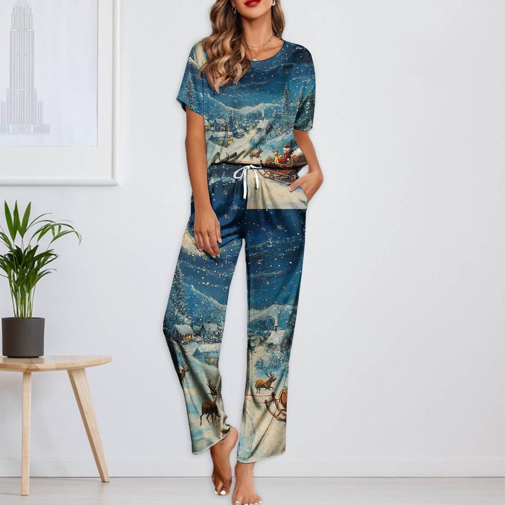 Женский шелковый атласный пижамный комплект с рождественским принтом, рубашка с коротким рукавом и длинные пижамные штаны, мягкая домашняя одежда