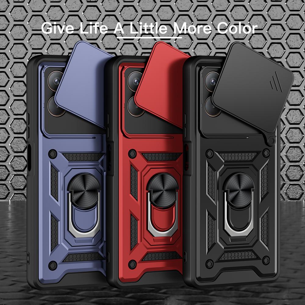 KEYSION Противоударный бронированный чехол для TECNO POVA 7 4G со сдвижной защитой объектива камеры, металлической кольцевой подставкой, задней крышкой для телефона для TECNO Pova7