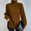 Autumn/Winter Soft Knitwear Fashion Raglan Long Sleeve Turtleneck Split Sweater Casual Warm Solid Mid-length Pullover 29572