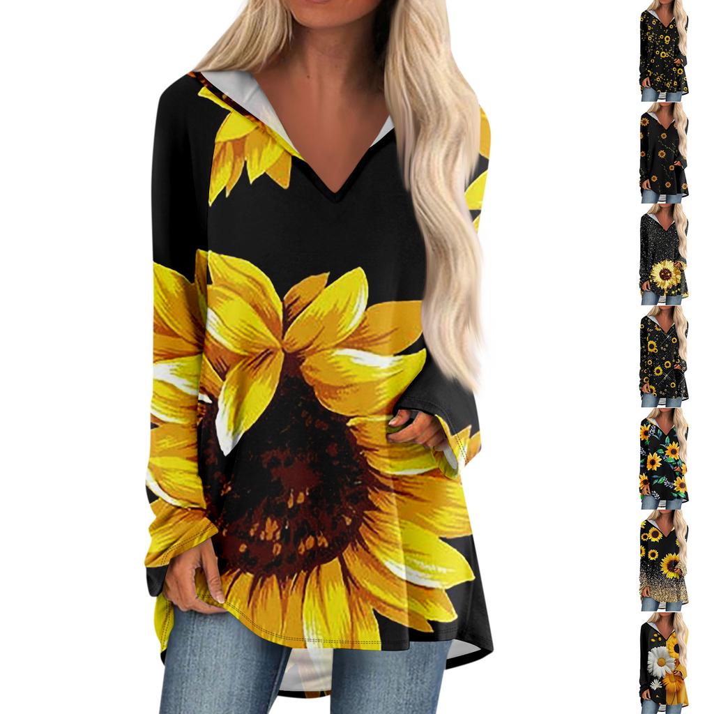 Women's V-neck Hooded Loose Long-sleeved Tops Casual Tops Home Leisure Pajamas Tops