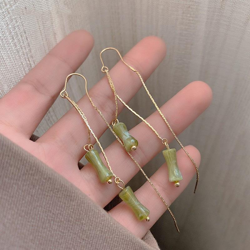 Длинная зеленая бамбуковая кисточка, линия для уха, серьги в классическом китайском стиле, темпераментные простые серьги с листьями и бамбуком