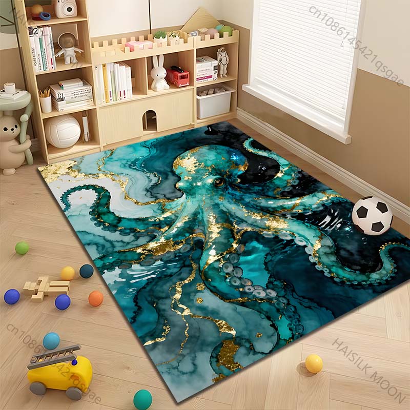 Multiple sizes Blue octopus with gold textures Carpet for Living Room Bedroom Sofa Home Decor Rug Non-slip Floor Mat Luxury Gift