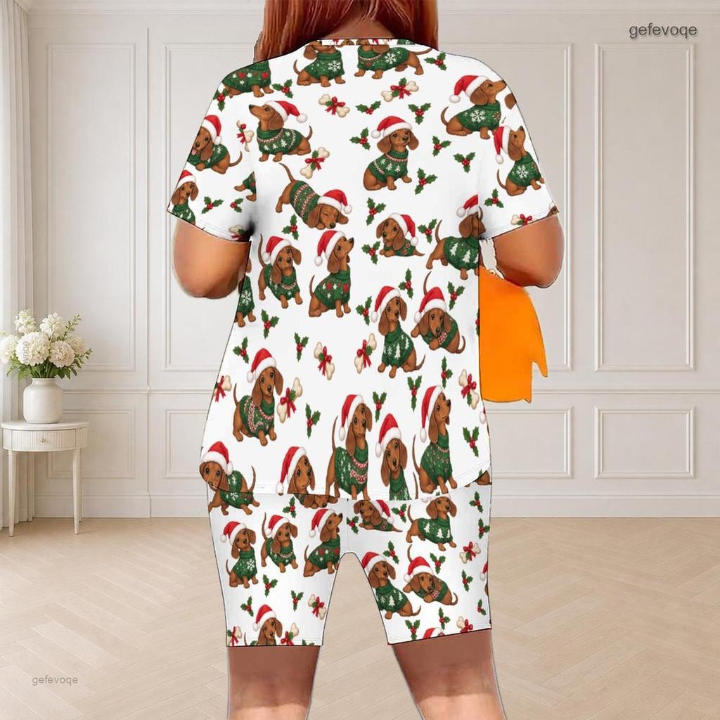 Women Plus Size White Round Neck Short Sleeve Printed Top And Fitted Shorts Two Piece Set