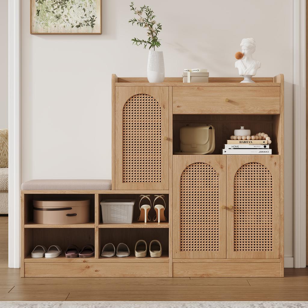 Shoe Cabinet with Padded Bench, 3 Woven Rattan Doors and 1 Drawer, Storage Cabinet with Shoe Rack for Hallway, Wood Look, W142xD35xH110 cm