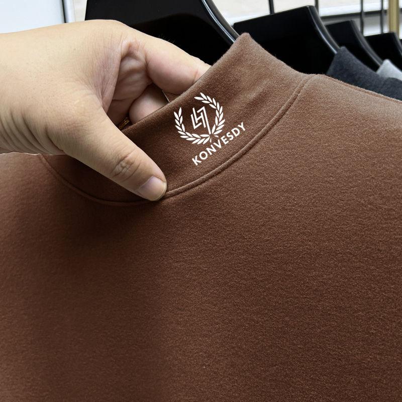 Autumn Winter Half Collar Solid Color Bottoming Tees Men Long Sleeve Add Velvet Casual Fashion T-shirt Male Pullover Top Homme