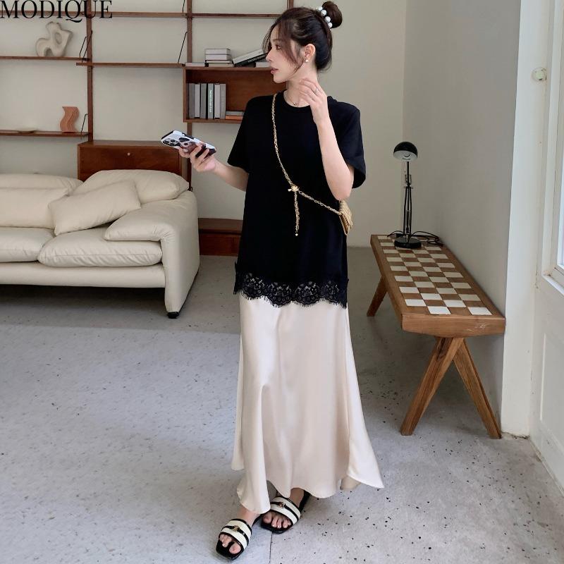 MODIQUE Summer Plus Size New Women Loose Elegant T-Shirt Lace Silk Skirt Patchwork Long Dress Female Short Sleeve O-Neck Dresses
