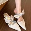 Fashion Pointed Toe High Heels Silk Slippers Women Bowknot Strap Summer Party Shoes Woman Slides Thin Heel Cover Toe Pantuflas Mujer