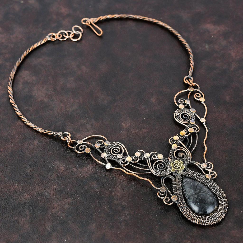 Ожерелье из яшмы Пикассо, ожерелье из медной проволоки, регулируемое ожерелье, ювелирные изделия из медной проволоки, ожерелье с драгоценными камнями, свадебный подарок, ювелирные изделия ручной работы