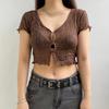 Women Retro Perspective V-neck Hollowed Cardigan T-shirt Tops Fashion Agaric Edge Short  Bare Navel Top