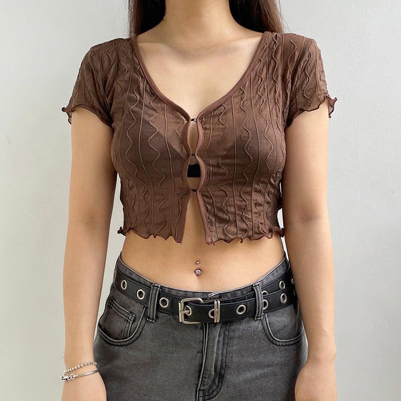 Women Retro Perspective V-neck Hollowed Cardigan T-shirt Tops Fashion Agaric Edge Short Bare Navel Top