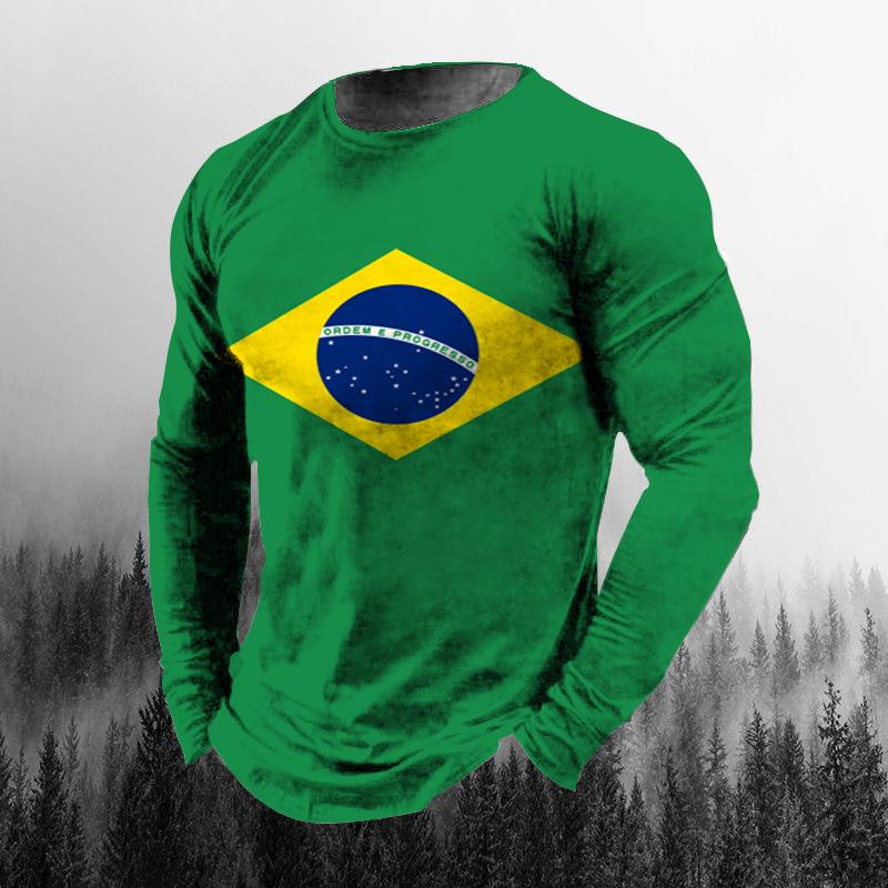 Винтажная осенняя мужская футболка с 3D принтом бразильского флага и круглым вырезом, повседневная футболка большого размера с длинными рукавами, модный пуловер, мужская одежда