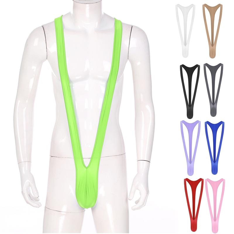 Mens Swimsuit Bodysuit M-XL Glossy Finish - Thong Mankini with Bulge Pouch & V-Shaped Suspenders