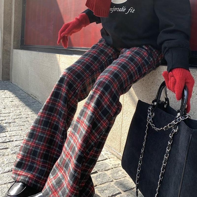 Женские повседневные брюки-клеш в клетку в стиле ретро, ​​уличные брюки-клеш в винтажном стиле для молодых девушек, женские прямые брюки-клеш с высокой талией