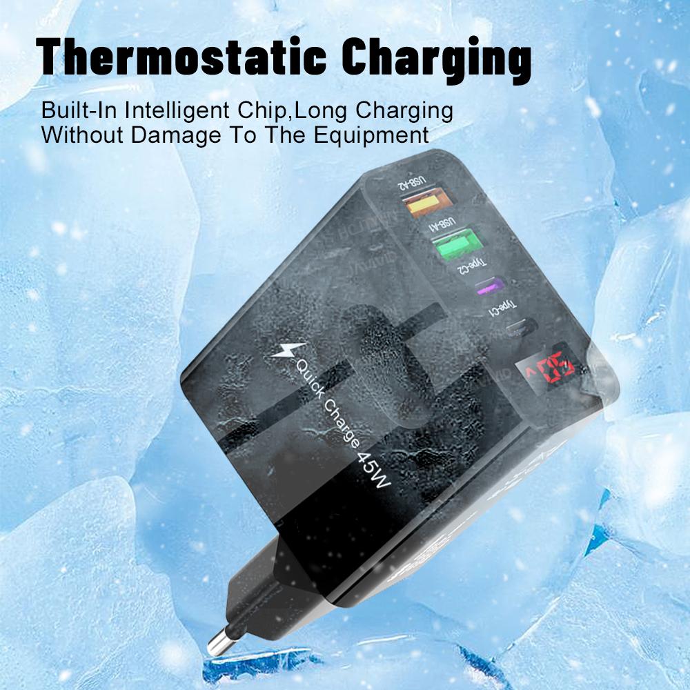 45 Вт USB C зарядное устройство 4 порта быстрая зарядка цифровой дисплей мобильный телефон адаптер для iPhone 16 15 Xiaomi Huawei QC 3.0 настенное зарядное устройство PD