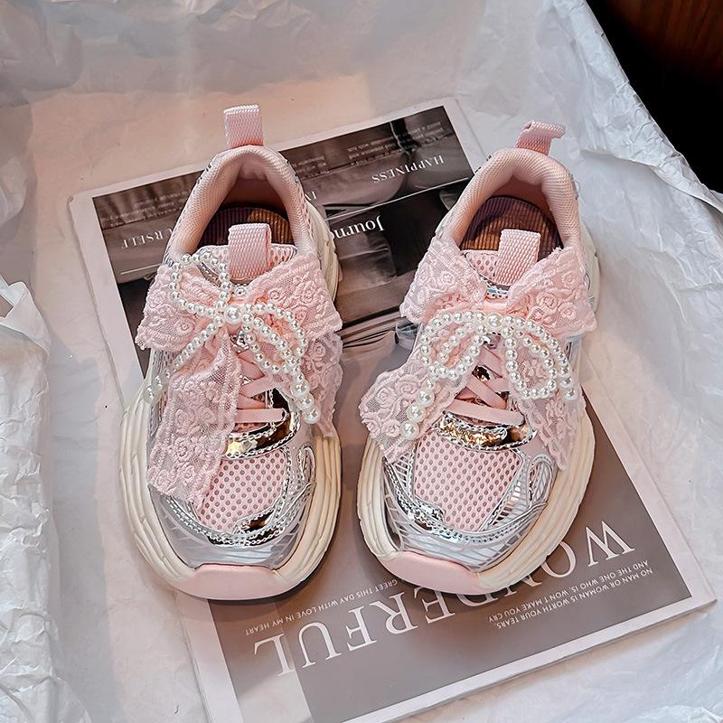 Cute sneakers for girls2026New Spring/Summer Mesh Pearl Chinese Style Bowknot Dad Shoes Running Shoes