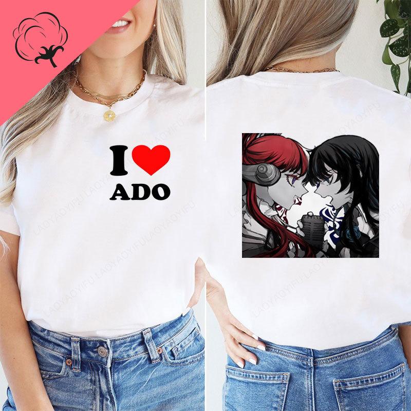 Женская одежда Двусторонний стиль Печатная футболка Ado T-shirt ADO Синяя Роза Графические футболки Streetwear Хлопковые топы с круглым вырезом