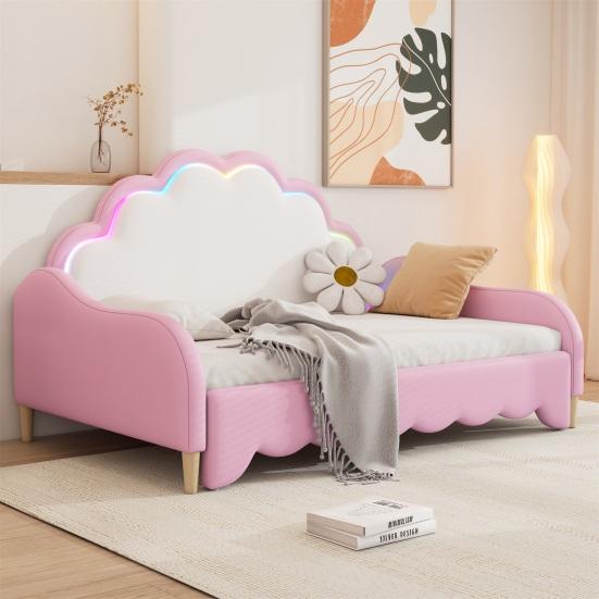 Shell Shape Flat Bed with Headboard Ambient Light Remote Control Mattress Wood Slat Support Bed Bedroom