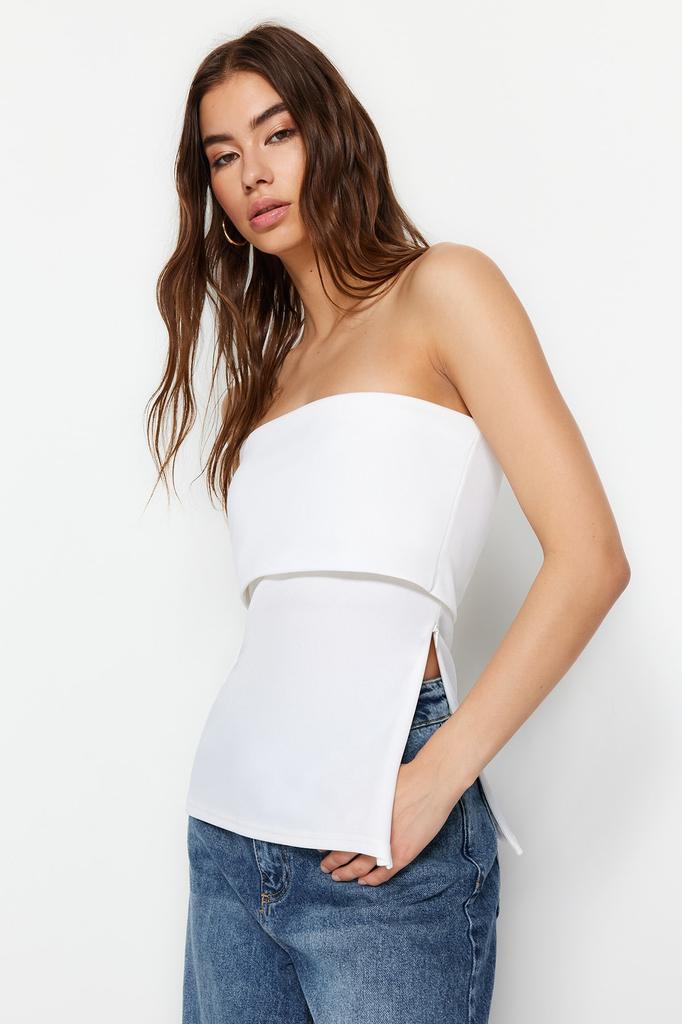 Women's Fashion New Blouse Green Strapless Collar Side Zipper Crepe Knitted Blouse