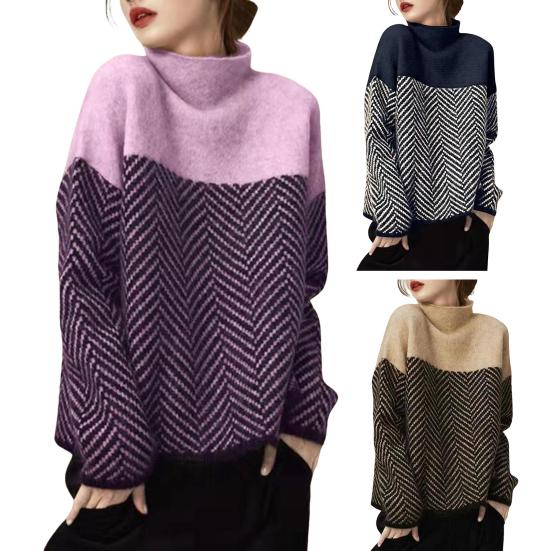 Women Sweater Half High Collar Long Sleeve Color-Blocked Loose Fit Knitting Top Autumn Winter Thick Warm Pullover Tops