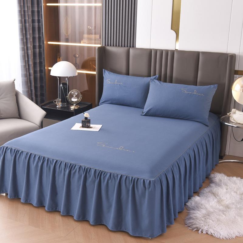 Solid Color New Light Luxury Simple Embroidered Single Bed Skirt Bed Sheet Non-slip Bedspread Four Seasons Princess Style Single Piece