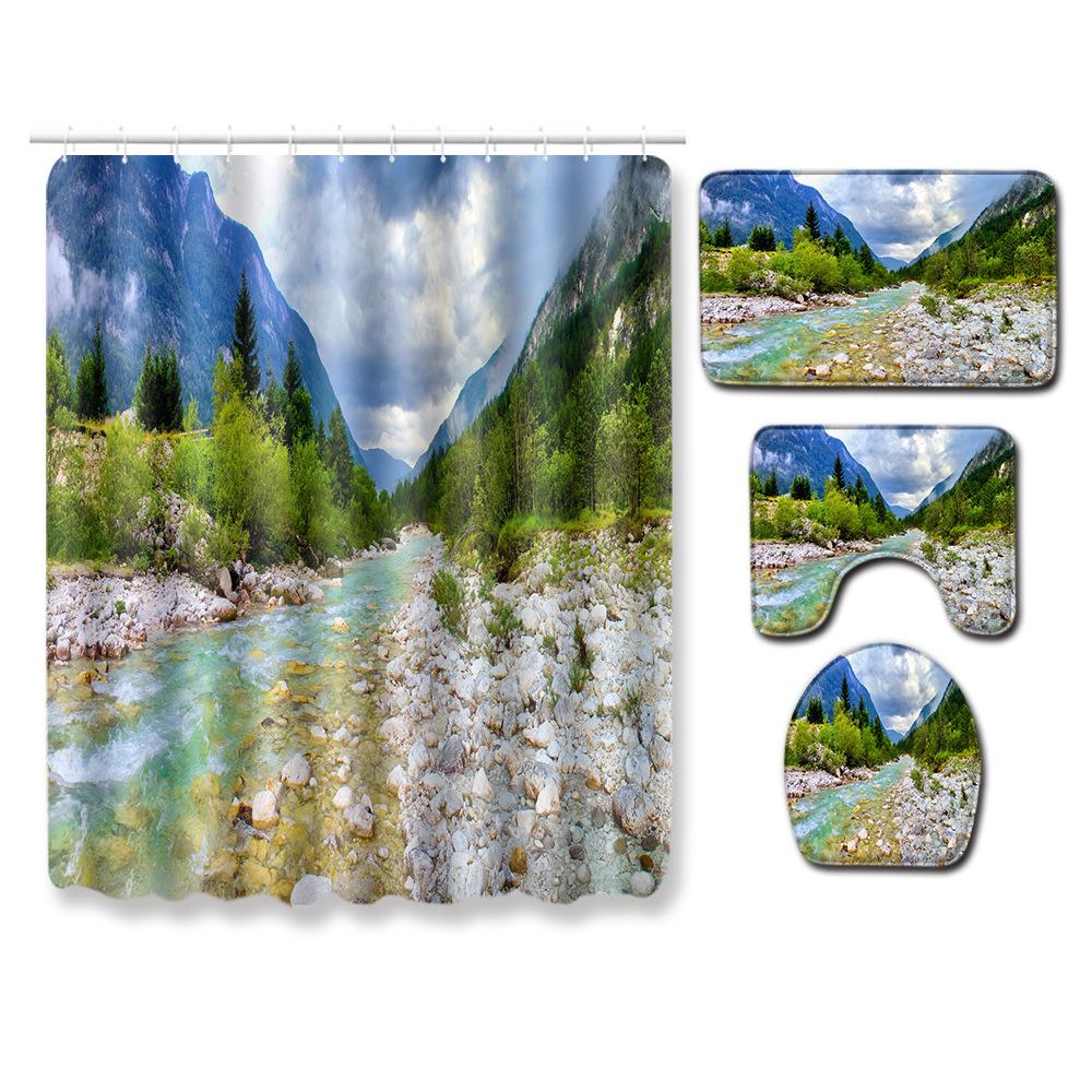 Landscape Shower Curtain Floor Mat Combination Four-Piece Set Bathroom Toilet Carpet Shower Room Mat Foot Mat
