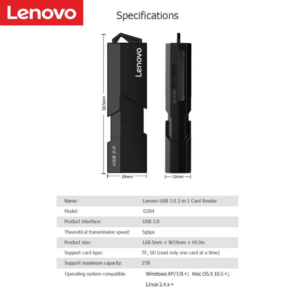 Lenovo D204 5 Гбит/с USB 3,0 кард-ридер 2 в 1 SD TF адаптер для карт памяти высокоскоростной кард-ридер для компьютера, ноутбука с поддержкой 2 ТБ