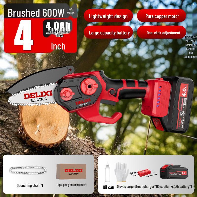 Delixi Rechargeable Brushless Electric Chainsaw with Lithium Battery - Handheld Garden Pruning and Felling Tool for Fruit Trees.