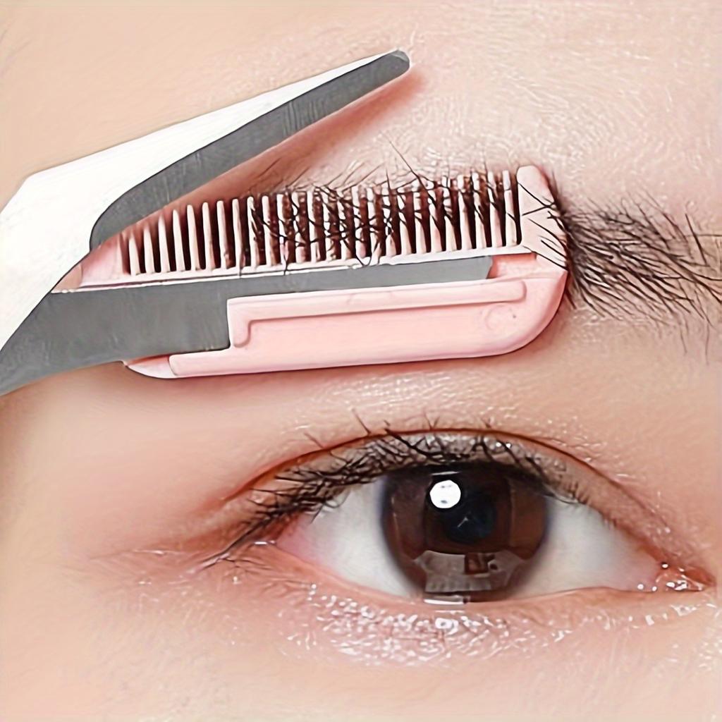 1pc Crescent Eyebrow Trimmer + 1pc Pink Eyebrow Scissors + 1pc Pink Folding Eyebrow Trimmer, Pink Eyebrow Clipper with Built-in Comb