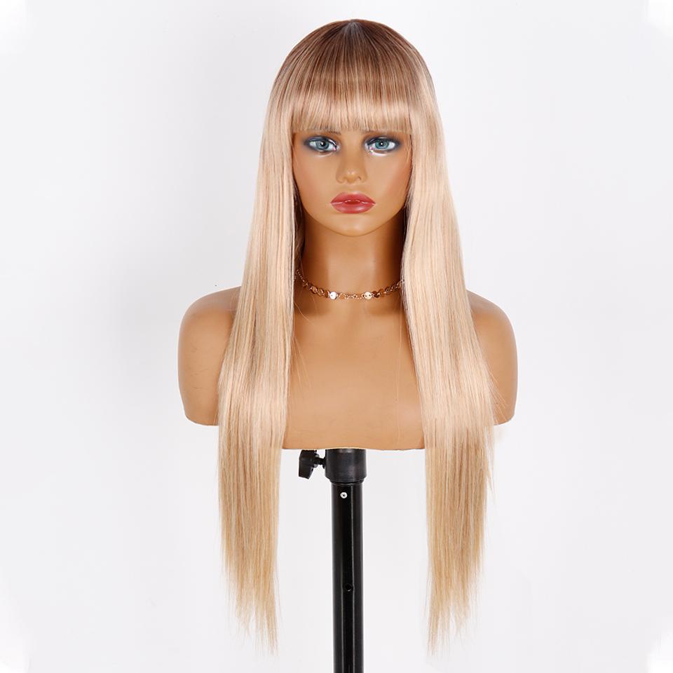 MISS WIG Women Fashion Long Straight Light Blonde Color Wig with Blunt Bangs Synthetic Fiber Daily Wear Long Straight Wig